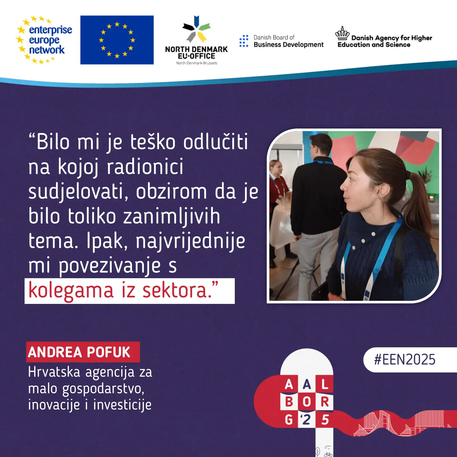 Andrea Pofuk u promotivnoj grafici s citatom o poduzetništvu i poslovnom razvoju.