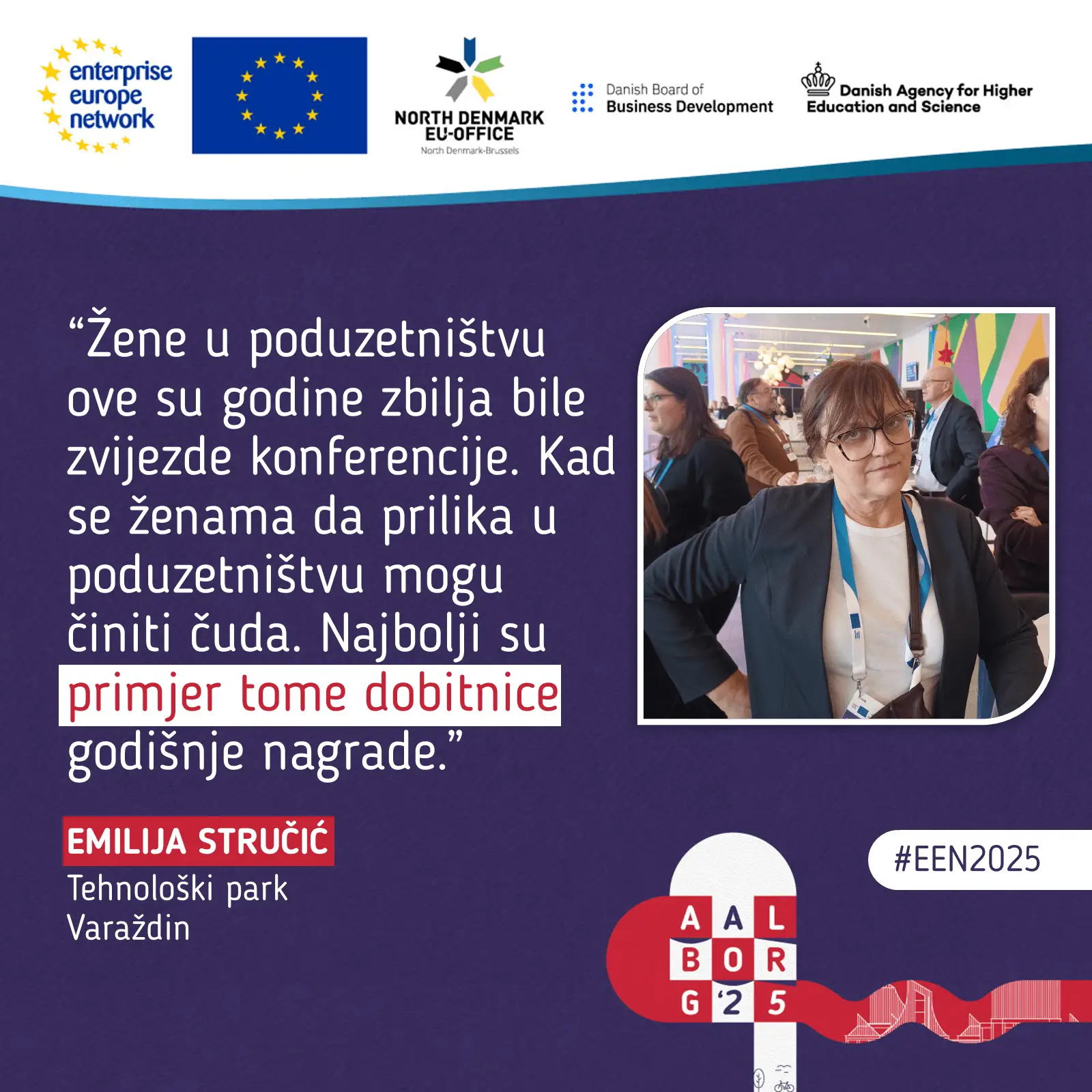 Emilija Stručić u promotivnoj grafici s citatom o poduzetništvu i radu u mreži Enterprise Europe Network.