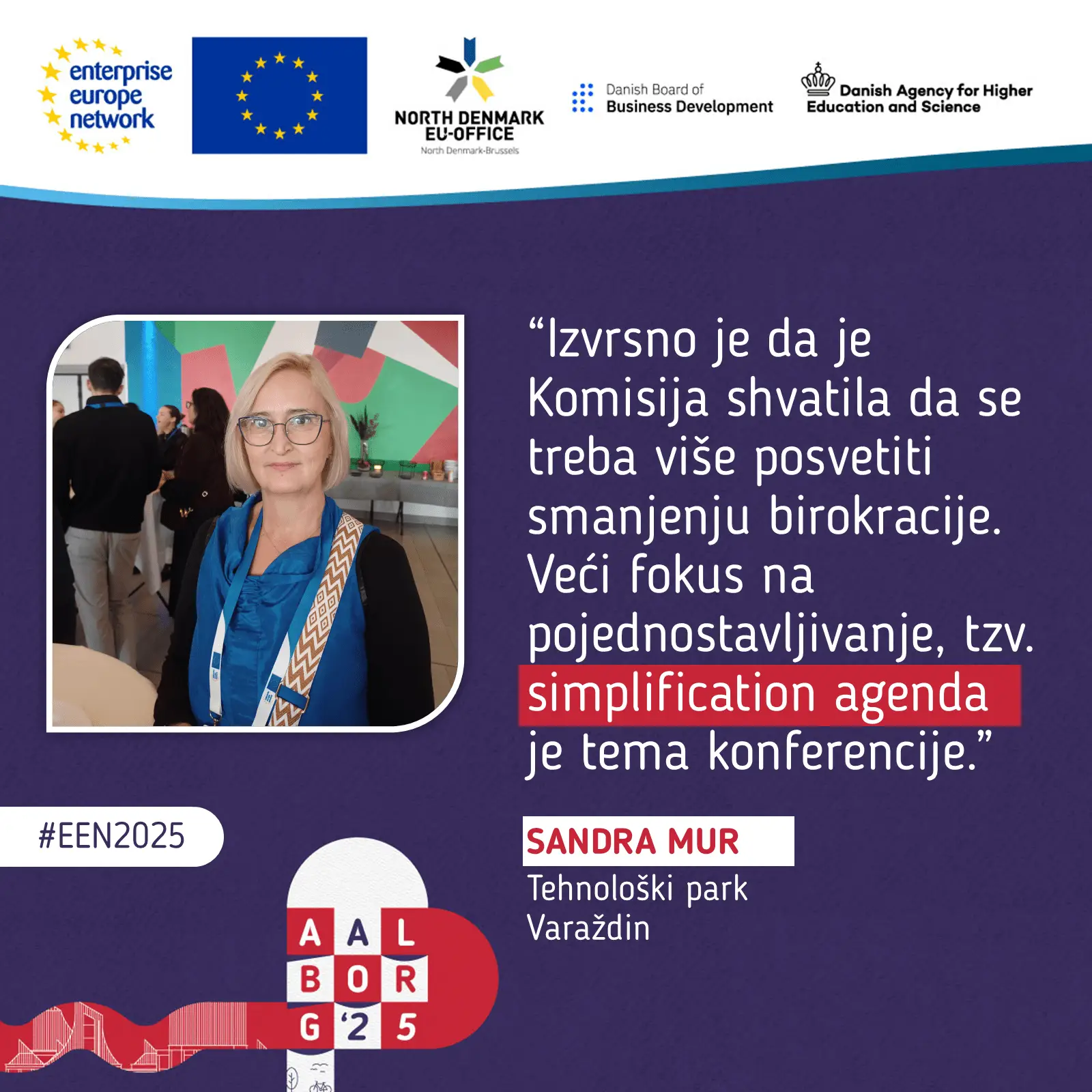 Sandra Mur u promotivnoj grafici s citatom o poduzetništvu i radu u mreži Enterprise Europe Network.
