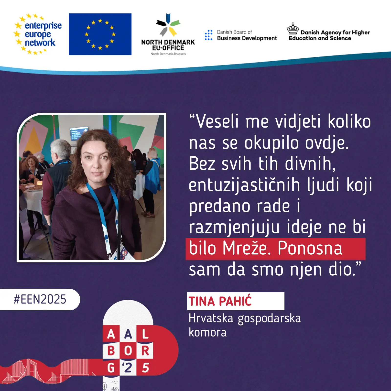 Tina Pahić u promotivnoj grafici s citatom o poduzetništvu i radu u mreži Enterprise Europe Network.