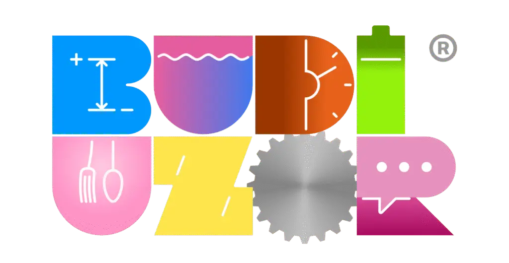 Logotip BUDI UZOR® s raznobojnim slovima i simbolima koji predstavljaju inovacije, kreativnost, tehnologiju i poduzetništvo.
