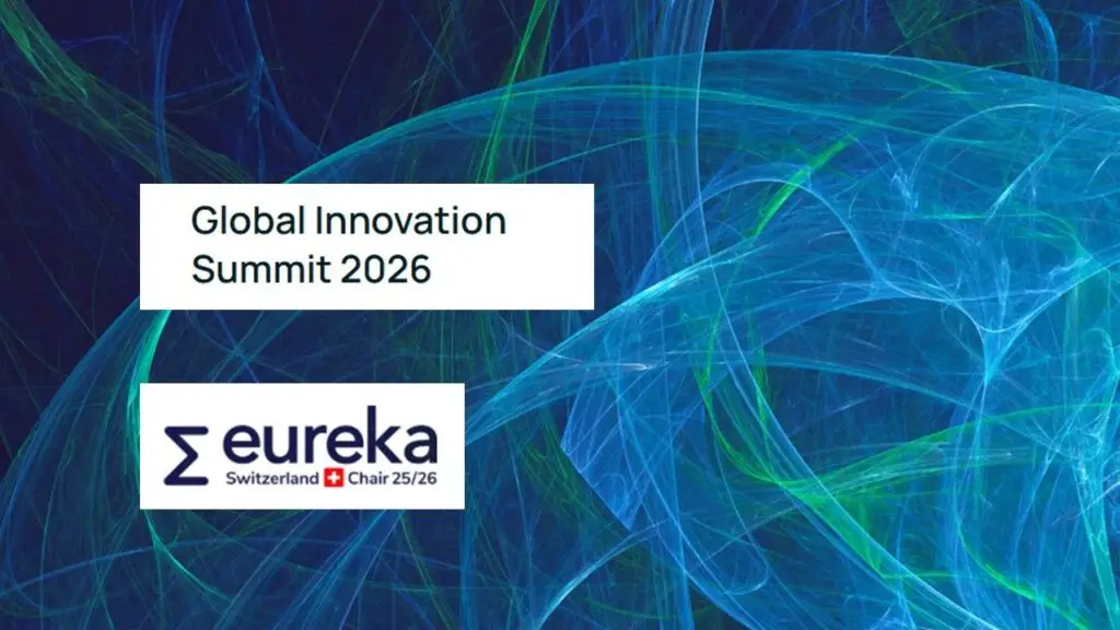 Promotivna grafika za Global Innovation Summit 2026 s logotipom Eureka Switzerland i apstraktnim plavo-zelenim linijama koje simboliziraju inovacije i međunarodnu suradnju.