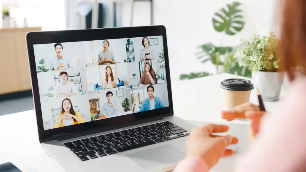 Osoba sudjeluje u online video sastanku putem prijenosnog računala, što simbolizira webinar, virtualnu edukaciju i poslovnu komunikaciju na daljinu.