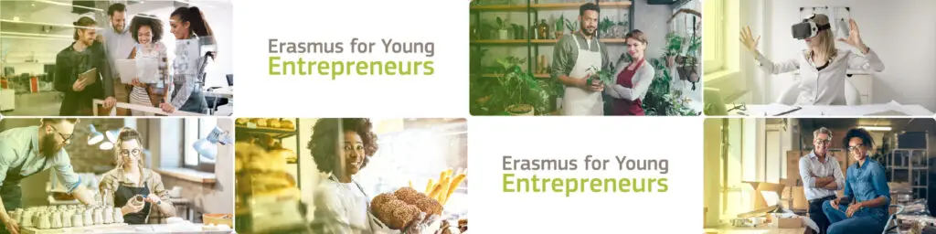 Kolaž mladih poduzetnika iz različitih poslovnih sektora uz natpis Erasmus for Young Entrepreneurs